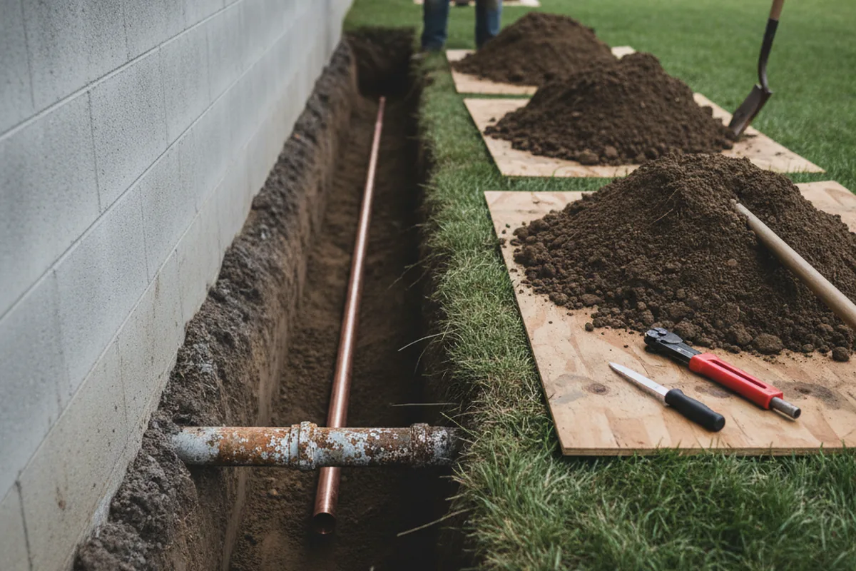 Excavated water line trench during Water Softener Installation in Whiteland